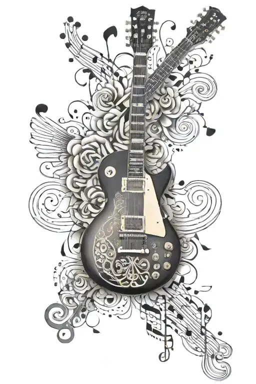 A Detailed Black And Grey Tattoo Of A Gibson Les Paul Guitar Surrounded By Musical Notes And Symbols