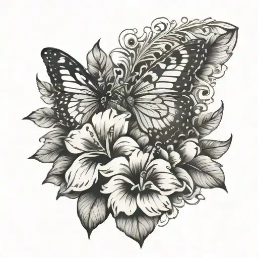 A Peacock Feather With Hibiscus Flowers And A Monarch Butterfly With The Word Jager