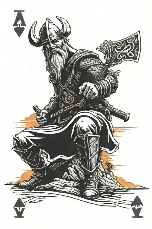Bald Viking Warrior Wielding An Ace Playing Card On A Hill With Sunset On The Horizon