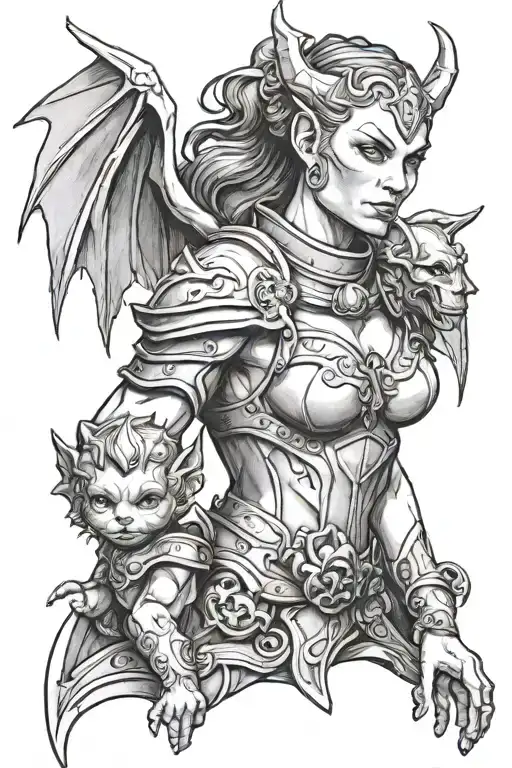 Female Gargoyle Warrior With Her Toddler