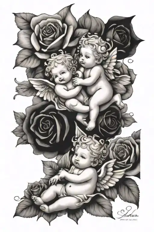 6 Cute Cherubs With Delicate Rose Petals Falling Around Them