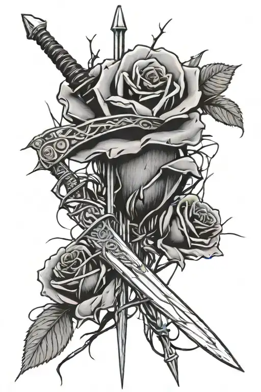 Roses With Barb Wire Around A Sword
