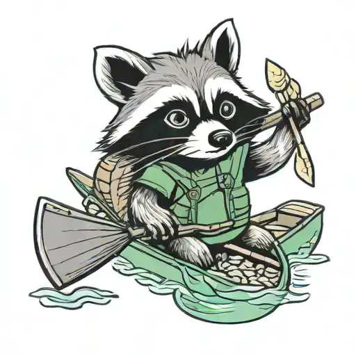 Cartoon Raccoon Wearing A Green Backpack And Paddling A Canoe With A Buschel Of Bananas