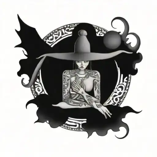 An Ornamental Design Featuring A Pilates Pose Intertwined With Witchy Symbols