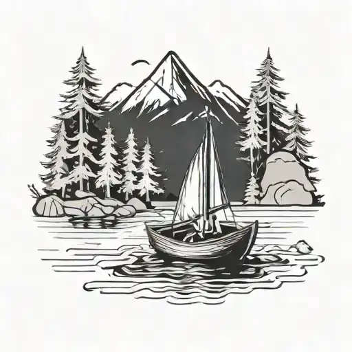 A Campfire On A Boat Surrounded By Nature Elements Like Trees And Mountains