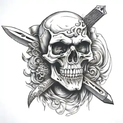 Skull With Tactical Knife In The Mouth And A Barrett