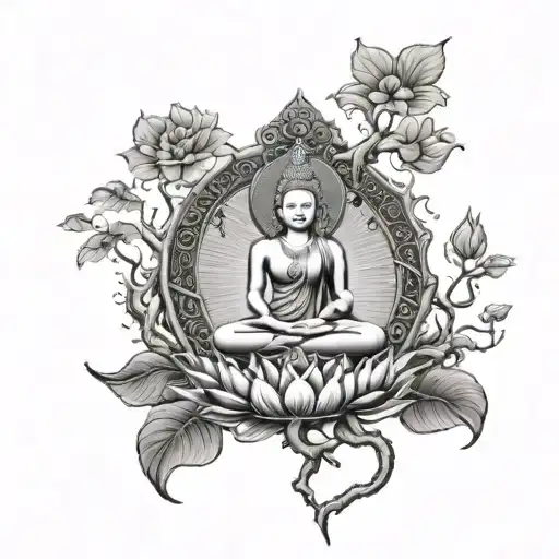 Bodhi Tree With Green Tara Mantra In Sanskrit Script In Its Trunk And A Lotus Flower At Its Roots