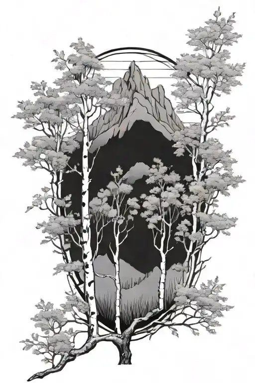 Silver Birch Trees With A Mountain