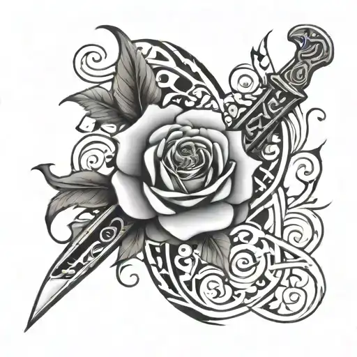 A Black-grey Design Of A Knife Piercing Through A Rose With Tribal Patterns In The Background