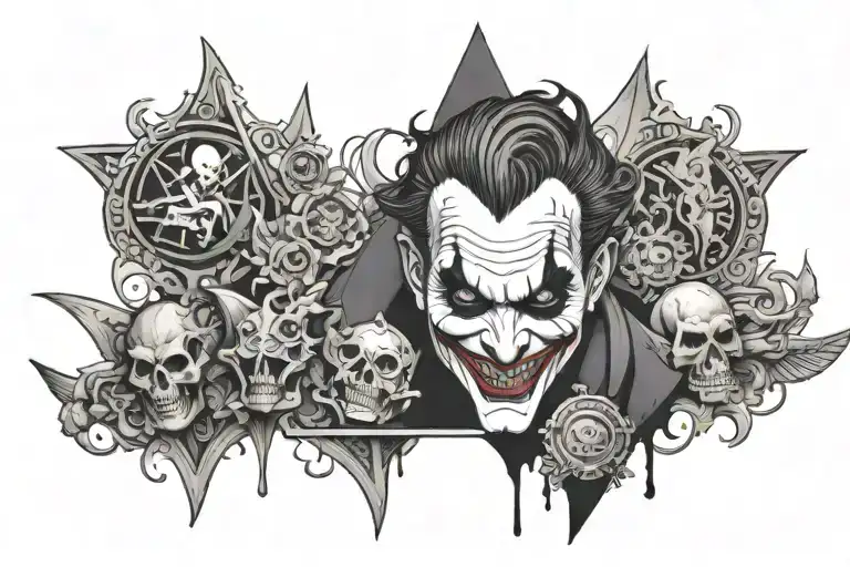 A Dark And Moody Tattoo Of The Joker's Silhouette Surrounded By Symbols Of Wealth And Power