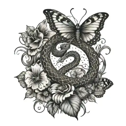 A Snake Weaving Through A Field Of Butterflies With Hearts Floating In The Background