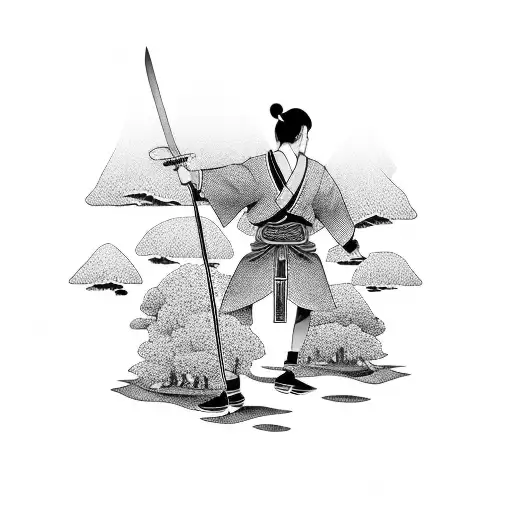 A Businessperson Holding A Sword With A Backdrop Of A Japanese Landscape