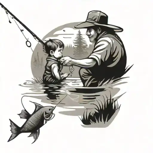 Shadow Figure Dad And Son Fishing Pond
