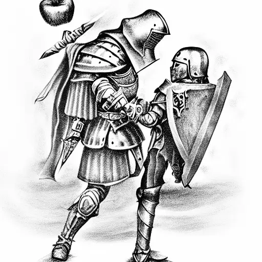 Medieval Warrior Knight On His Knee Giving An Apple To A Child