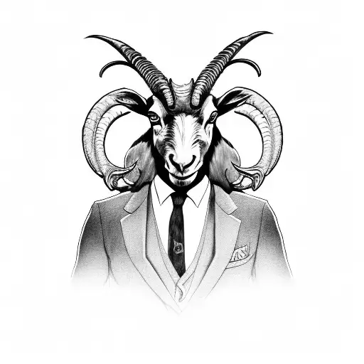 Man With Goat Head Wearing Black Suit And Tie And Big Horns