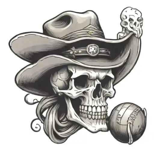 A Skull Wearing A Cowboy Hat Holding A Beer Mug With A Sports Ball In The Background