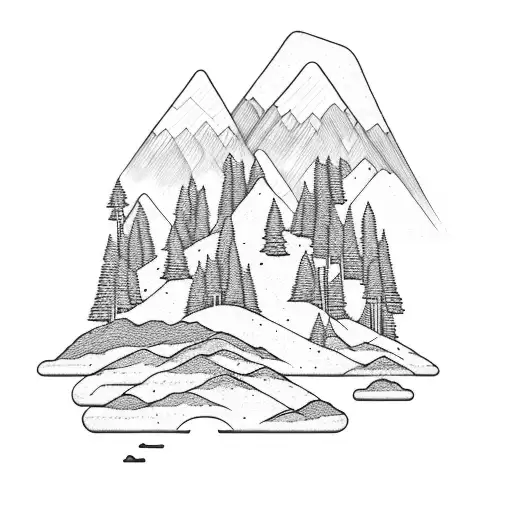 Mountains With Trees And A River Flowing Into An Ocean With A Beach