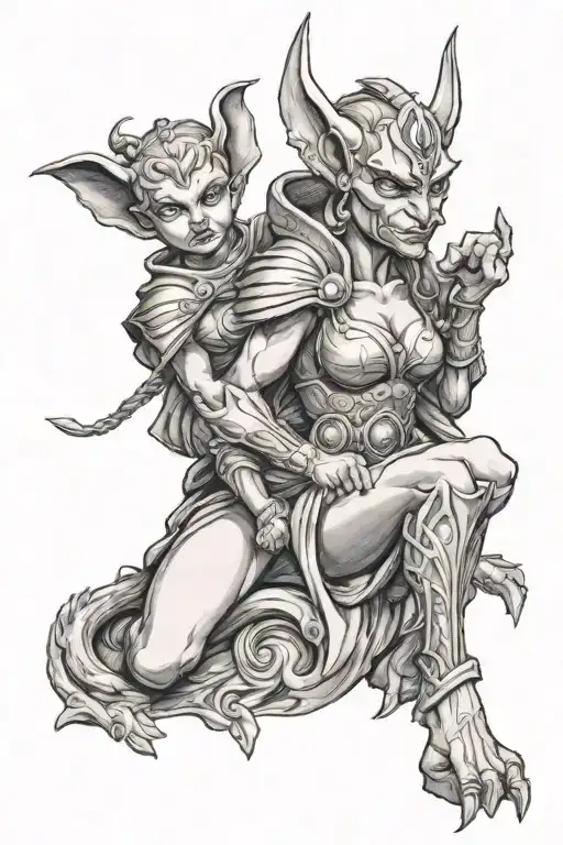 Female Gargoyle Warrior With Her Toddler