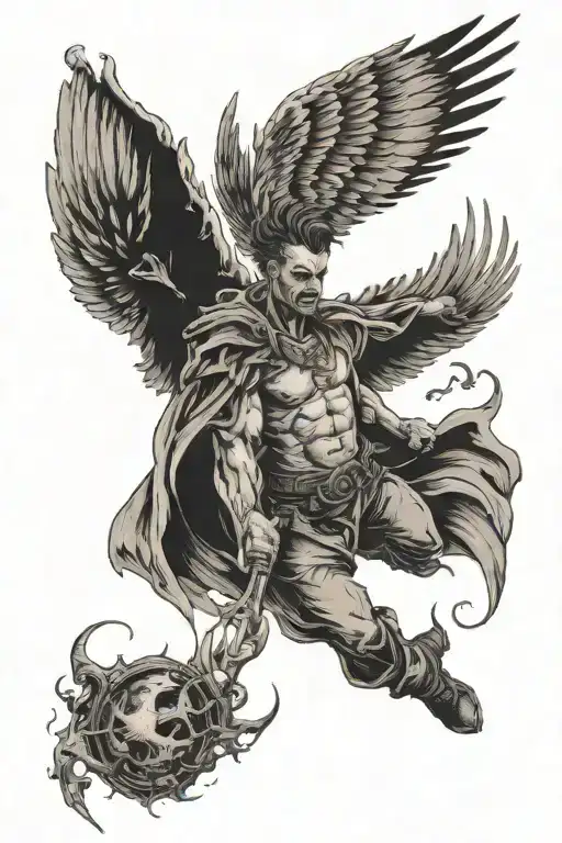 A Man With Angry Face With Wings Flying Up The Seven Scary Worlds