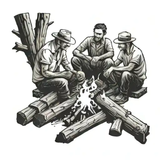 3 Men Sitting In A Circle Around A Campfire On Two Long Wooden Logs