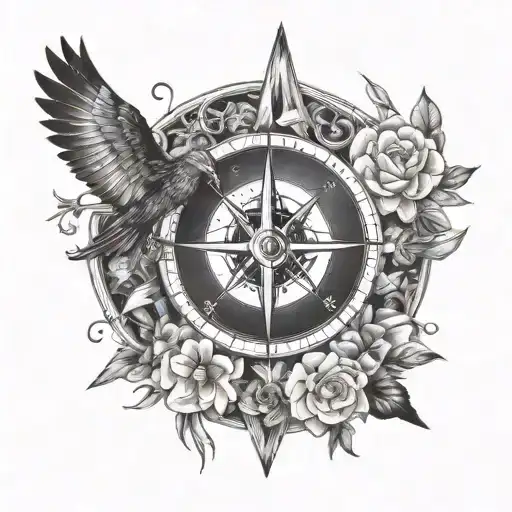 Simple Compass With Arrow Through Middle Flowers Around Outside And A Soaring Bird Map