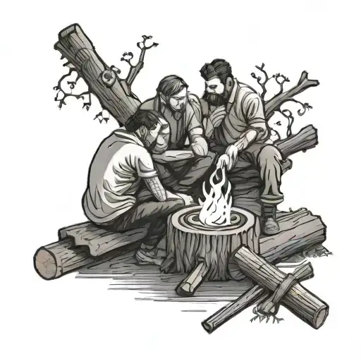 3 Men Sitting In A Circle Around A Campfire Showing Their Back On Wooden Logs Mourning Their Friend