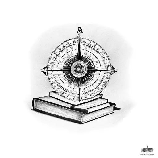 A Teacher's Desk With Books And A Compass On Top