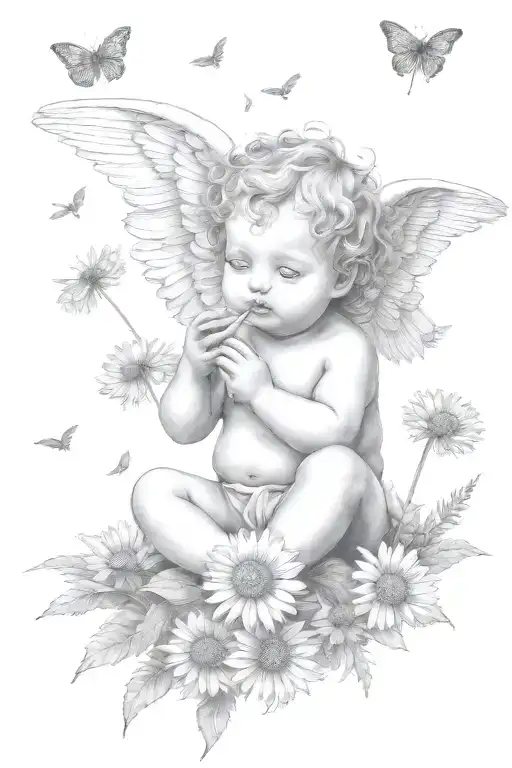 Cute Cherub Holding A Dandelion Flower And Sitting In A Field Of Flowers