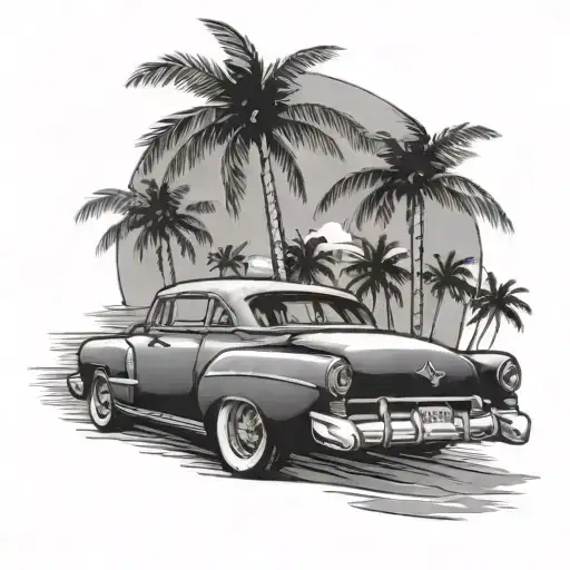 A Black-grey Design Of A Vintage Car Cruising Down A Miami Street Lined With Palm Trees
