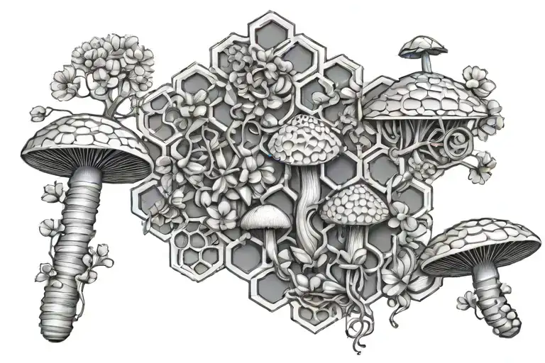 3D Honeycomb With All Sizes And Species Of Mushrooms And Small Flowers Coming From The Combs