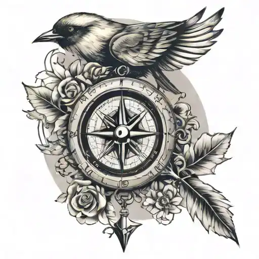 Compass Flowers Arrow Nature Soaring Bird Old Map