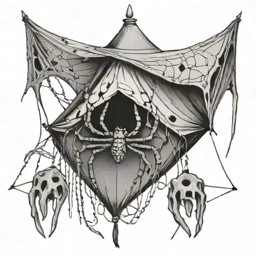 A Spider Weaving A Web In The Shape Of A Camping Tent With Bones Scattered Around