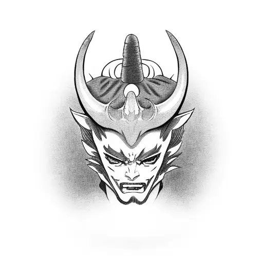 Head Of Japanese Girl With Half Oni Mask On Her Face And With Demon Horns