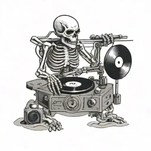 A Skeleton Dj Spinning Records On A Beach