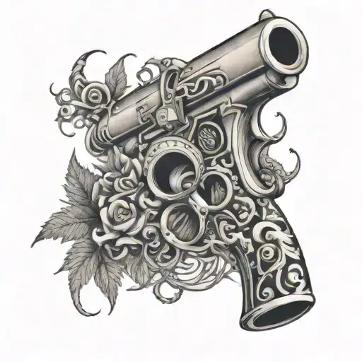 A Unique Tattoo Of A Smoking Gun Entwined With Twisting Vines Of Weed And Dollar Signs