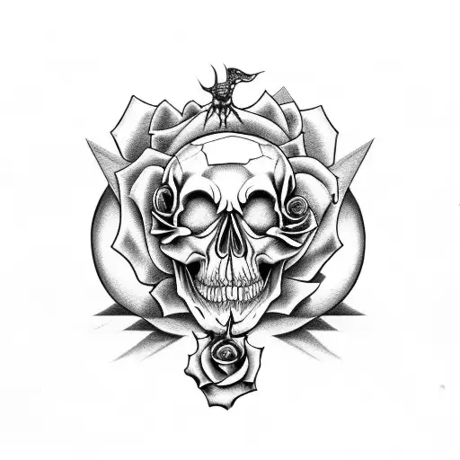 Monster Skull With Hourglass And Rose