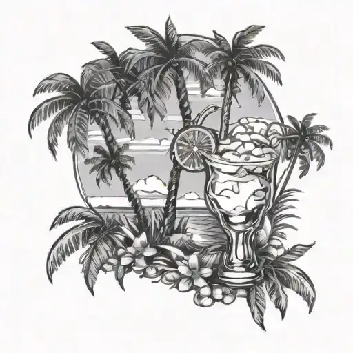 A Beach Scene With Palm Trees And A Cocktail Glass That Doubles As A Microphone