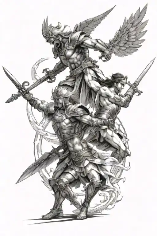 Angelic Warrior Swordfighting Another Warrior In An Arena