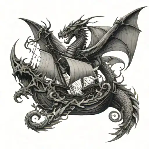 An Intricate Design Of A Ship Battling A Dragon