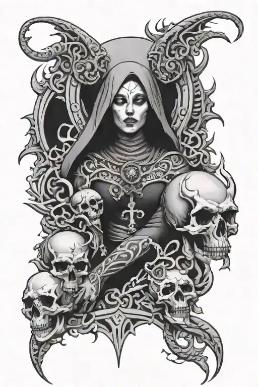 Satanic Sleeve With Demon Nun And Tribal Designs And Skulls