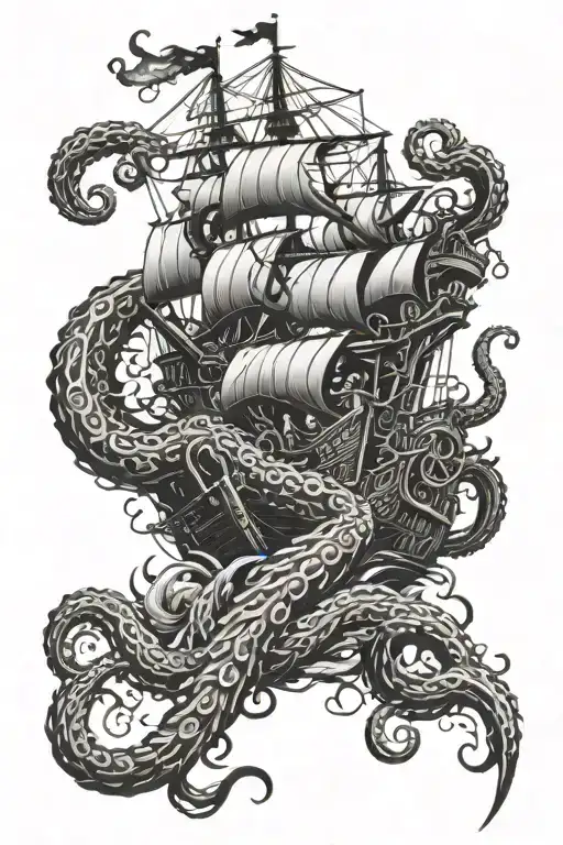 Kraken Crushing Pirate Ship With Tentacles And More Tentacles Stretched In Opposite Directions