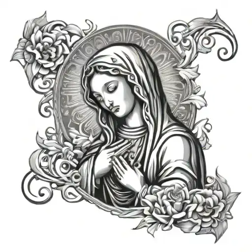 The Virgin Mary Surrounded By Tribal Patterns And Bible Verses