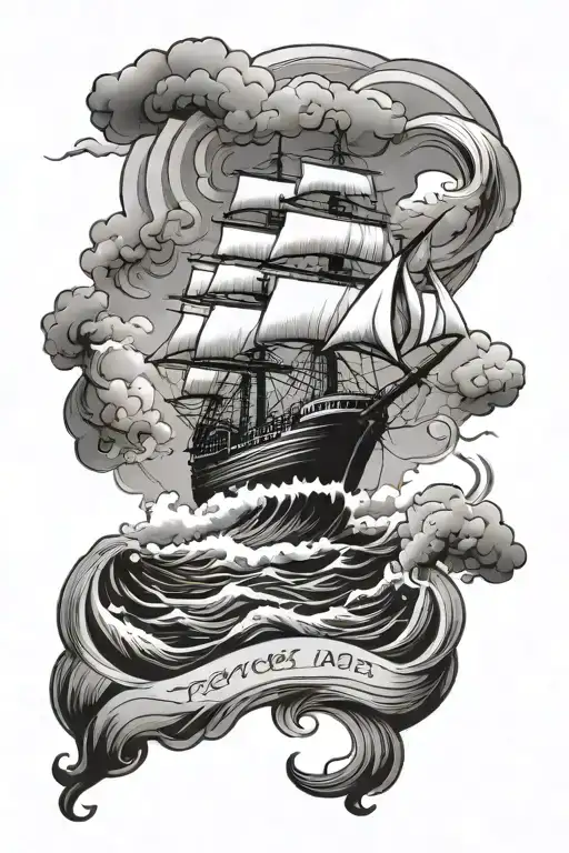 Travel Tattoo With Ship Sailing Through Stormy