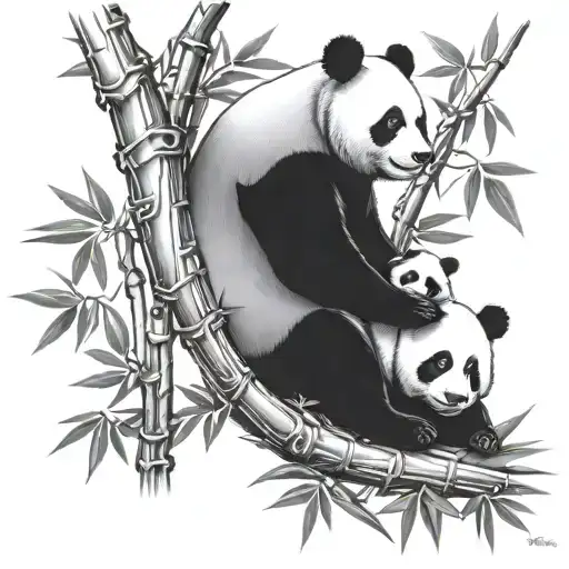 Panda Family Of Four On A Bamboo Tree