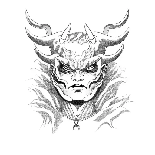 Head Of Japanese Girl With Half Oni Mask On Face And With Demon Horns