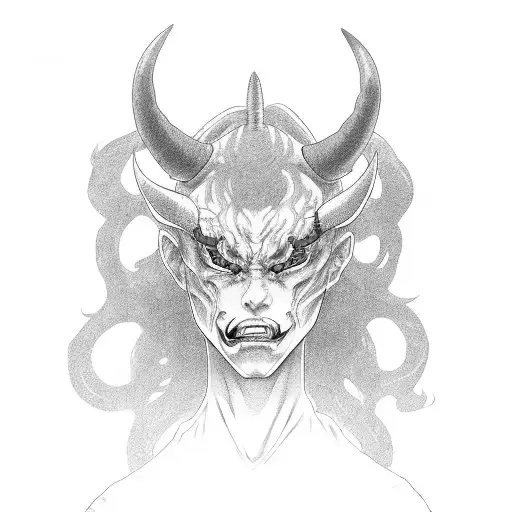 Head Of Japanese Girl With Half Oni Mask On Her Face And With Demon Horns