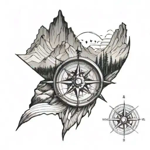Mountainscape With A Compass Rose Integrated Into The Design
