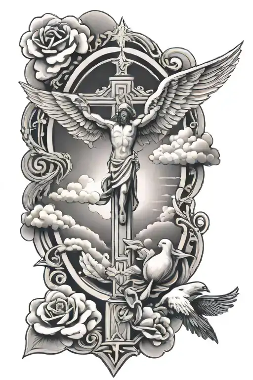 Cross And Dove And Clouds And Jesus Praying