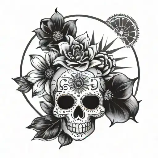 Sugar Skull With Sun Flower And Rubys