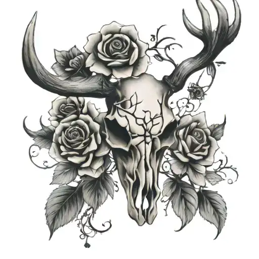 A Haunting Black-grey Tattoo Of A Deer Skull With Antlers Intertwined With Flowers And Vines